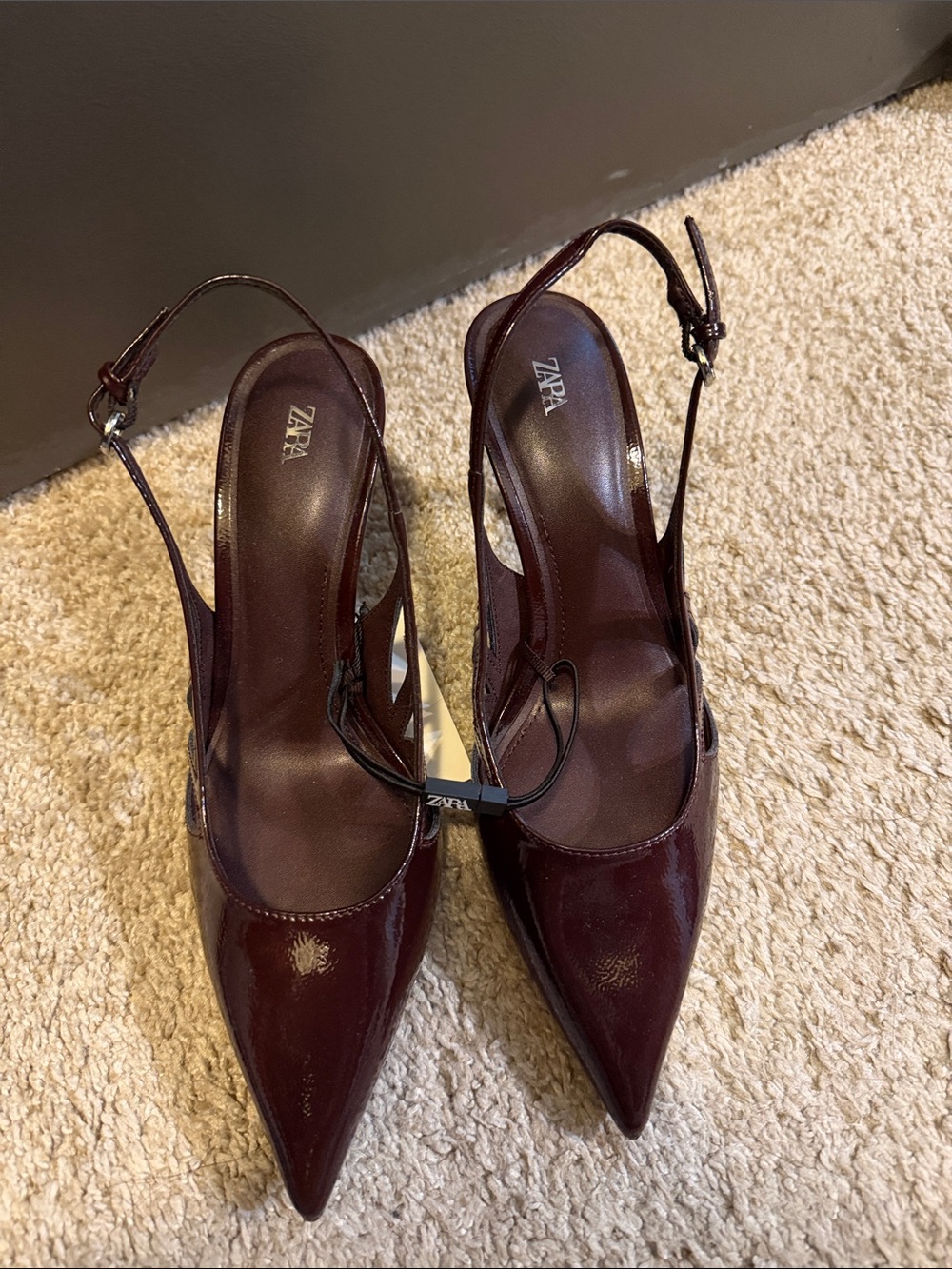 Zara Burgundy Patent Pointed Slingback Heels